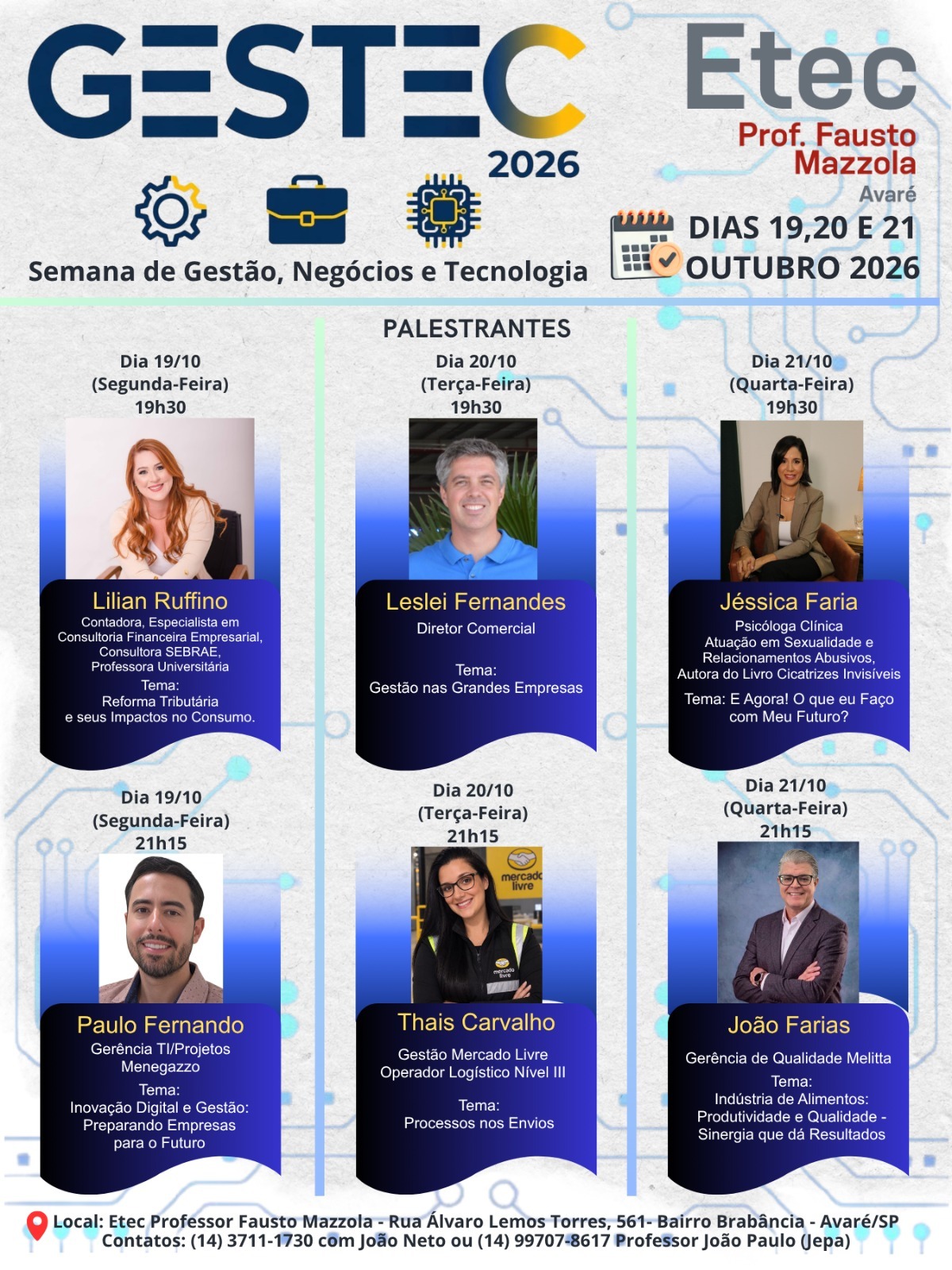 Cartaz oficial atualizado do GESTEC 2026 com Lilian Ruffino, Paulo Fernando, Leslei Fernandes, Thais Carvalho, Jéssica Faria e João Farias, nos dias 19, 20 e 21 de outubro.